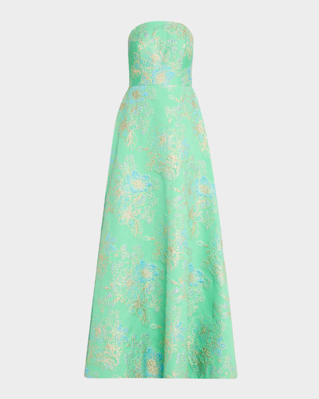 Strapless Metallic Floral Jacquard Gown